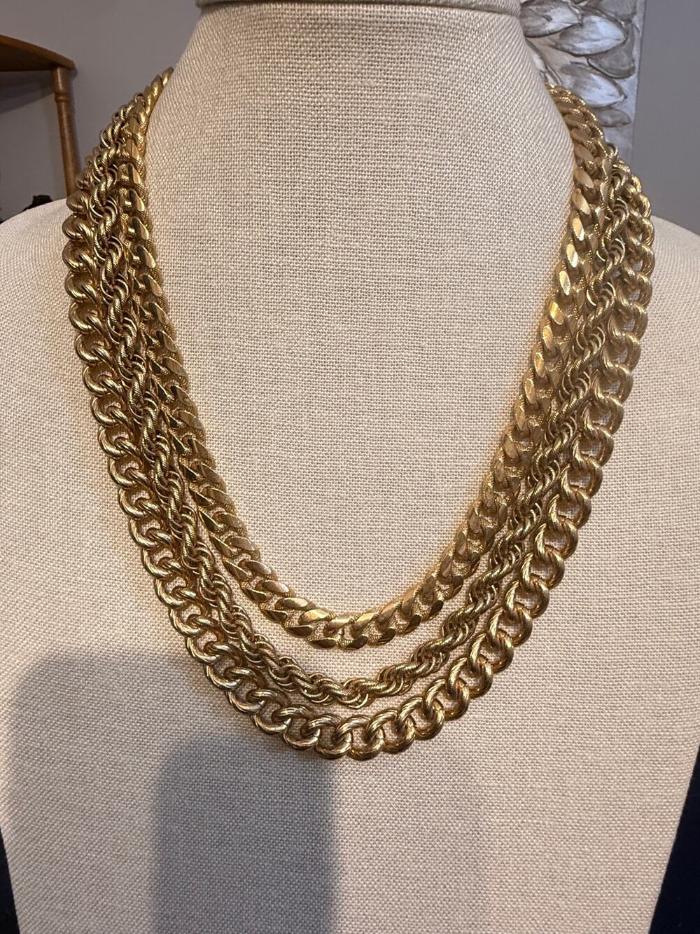 Monet Gold Tone Triple Layer Chain Necklace 18”